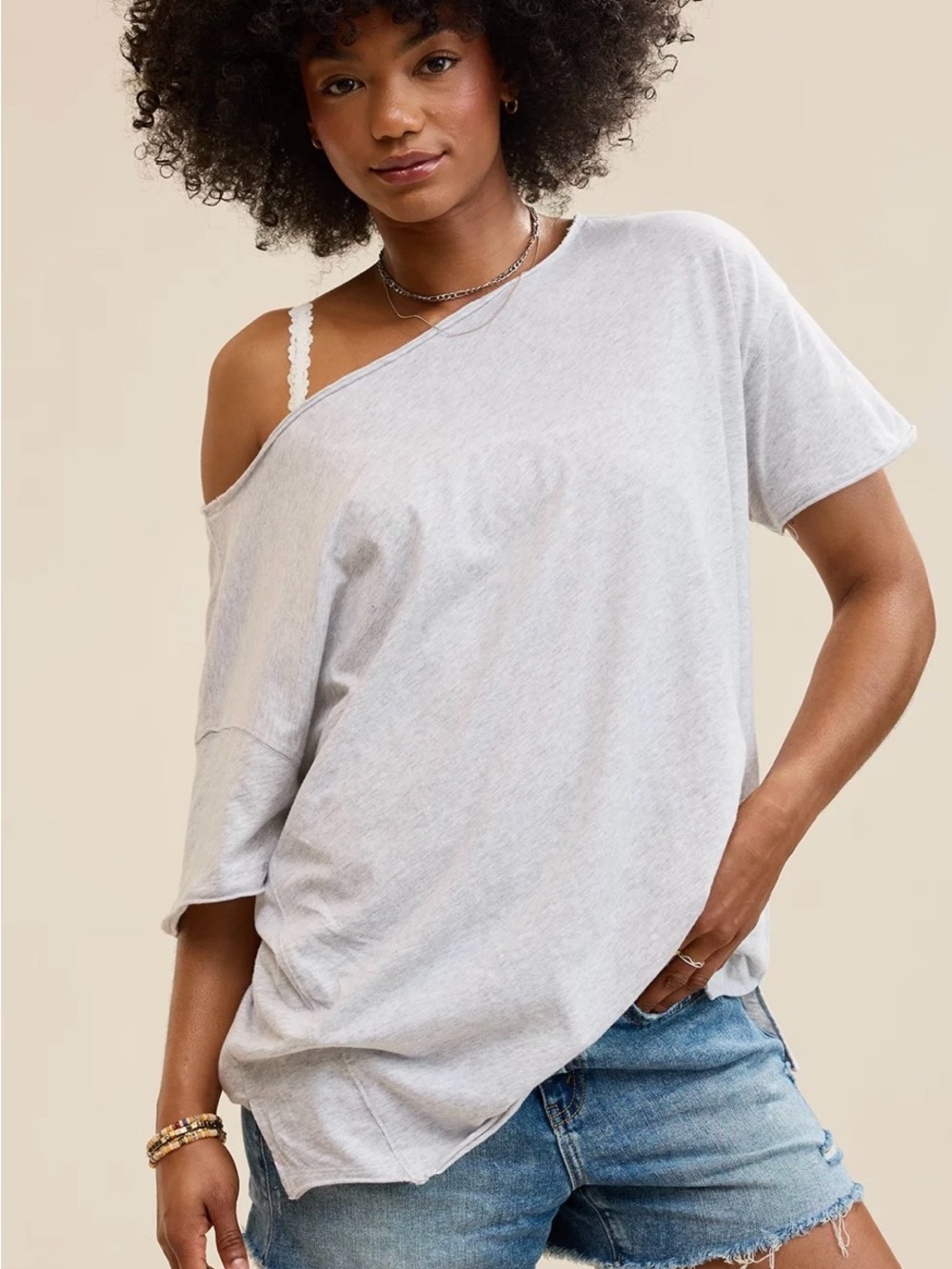 NWT Aerie Light Gray Off-Shoulder Women’s Relaxed Boyfriend Tee